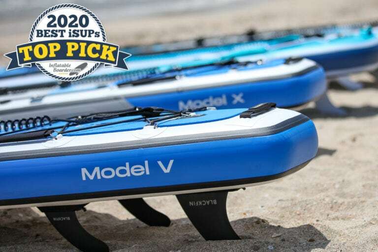 Blackfin Model V SUP Paddle Board Review - a badge in the corner reads "2020 Best iSUPS TOP PICK"