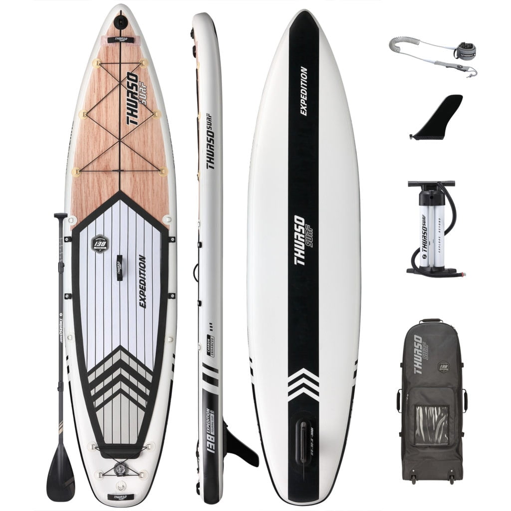 Thurso Expedition touring SUP accessories package includes premium bag, dual-chamber pump, single fin, coiled SUP leash, and carbon-hybrid paddle.