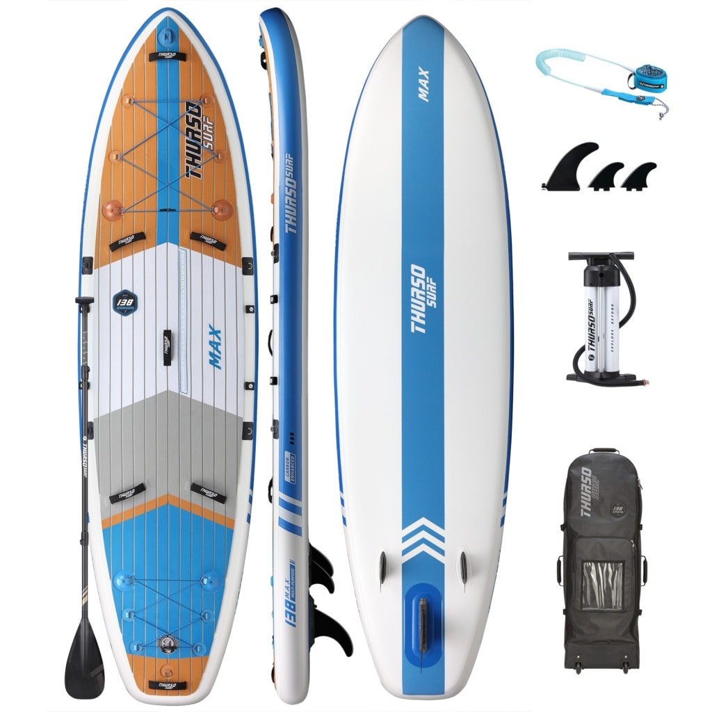 Thurso Max cruiser SUP accessories package, includes premium bag, dual-chamber pump, 3 fins, coiled SUP leash, and carbon-hybrid paddle.