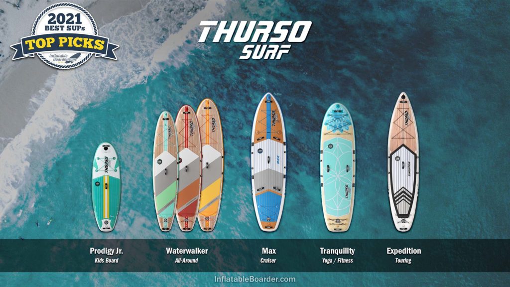 THURSO SURF inflatable paddle boards compared, includes Waterwalker, Prodigy Junior, Max, Tranquility and Expedition SUPs.