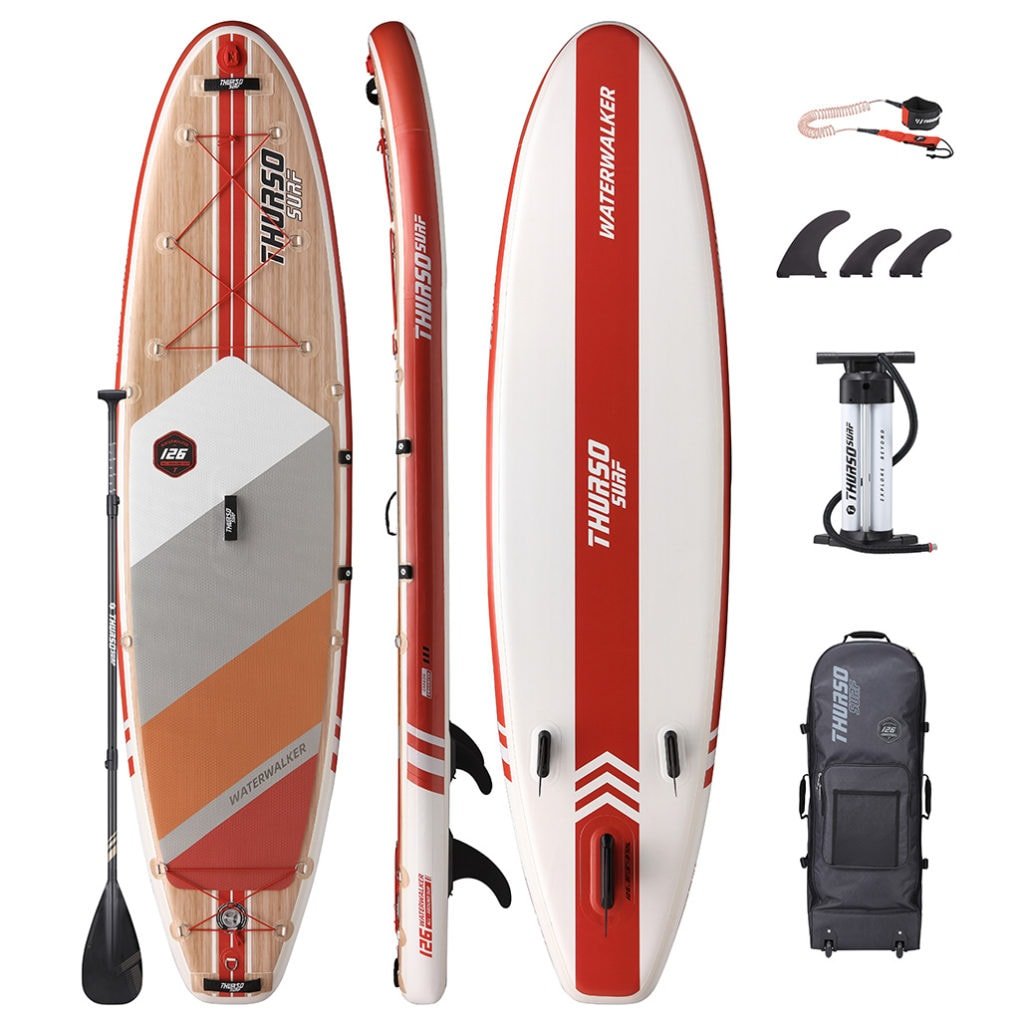 Thurso Waterwalker 126 — all-around SUP accessories package, includes premium bag, dual-chamber pump, 3 fins, coiled SUP leash, and carbon-hybrid paddle.
