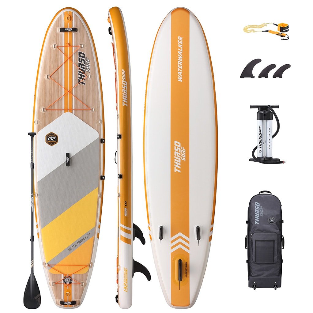 Thurso Waterwalker 132 — all-around SUP accessories package, includes premium bag, dual-chamber pump, 3 fins, coiled SUP leash, and carbon-hybrid paddle.