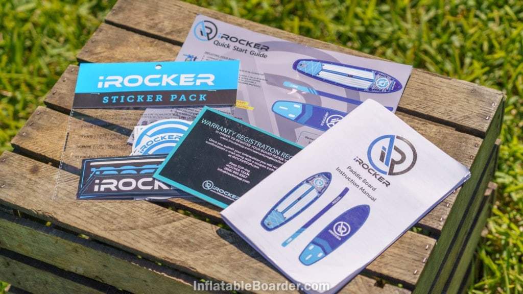 The iROCKER literature bundle includes a quick start guide, an instruction manual, a warranty card, and a sticker pack.