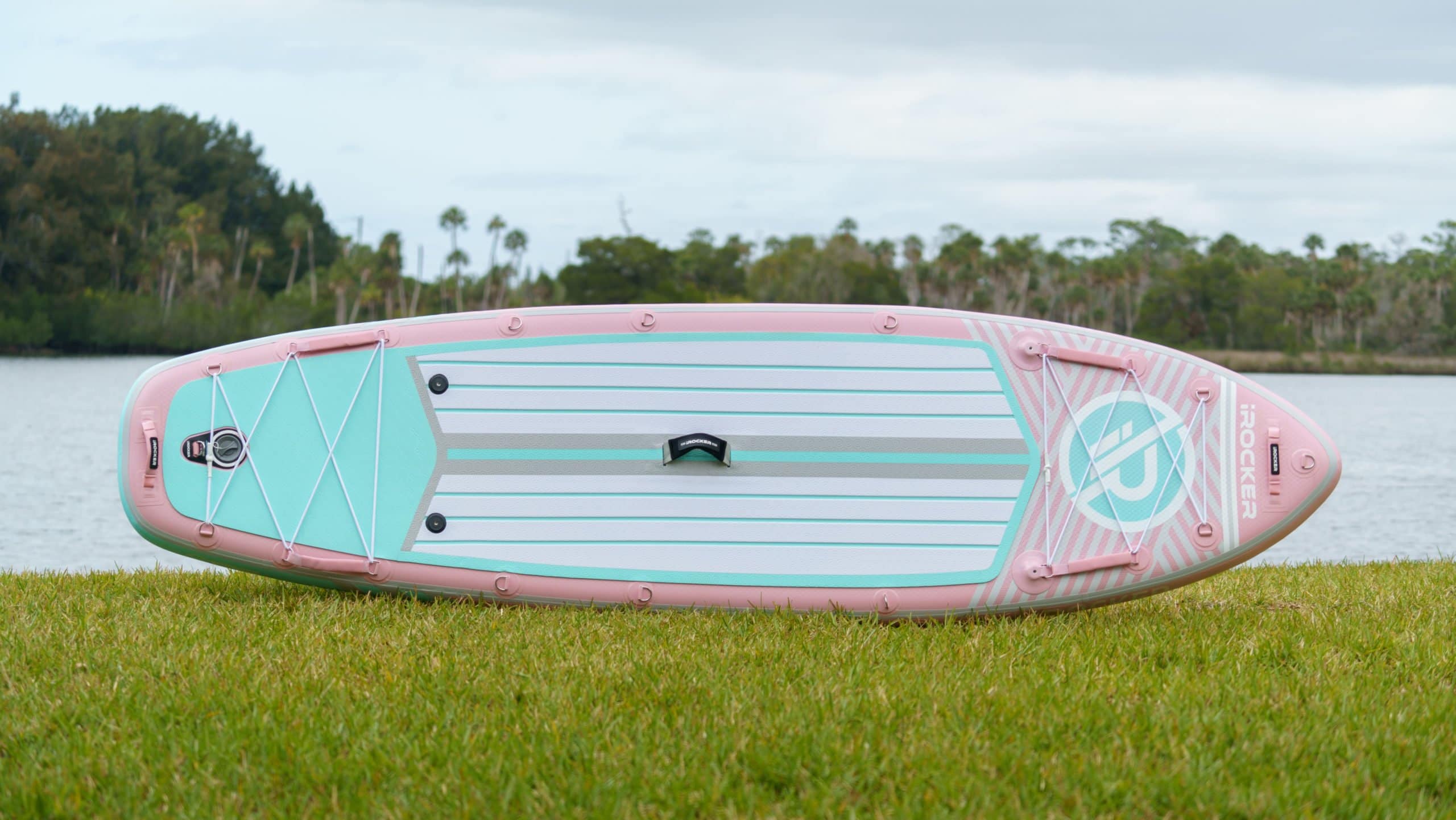 Overview of the 2021 iROCKER paddle board in pink.