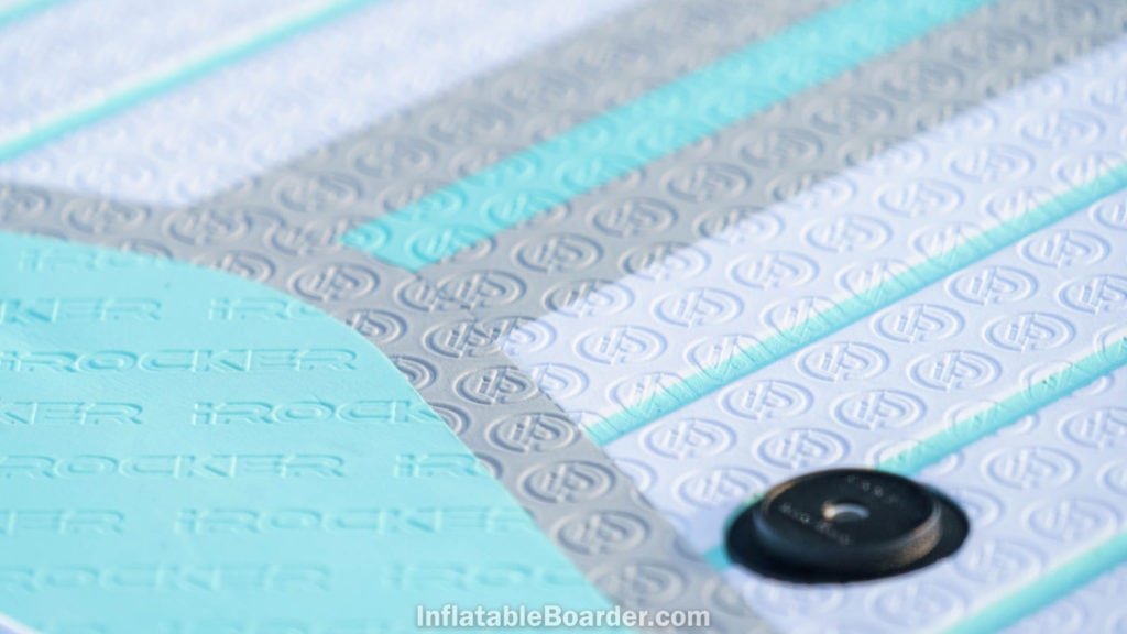 Detail of the EVA foam deck texture, which consists of stamped iROCKER logos and light grooves for grip.