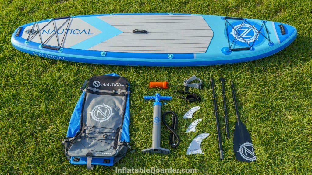 2021 NAUTICAL 10'6" accessories bundle includes bag, pump, repair kit, SUP leash, 3 fins, compression strap, and paddle.