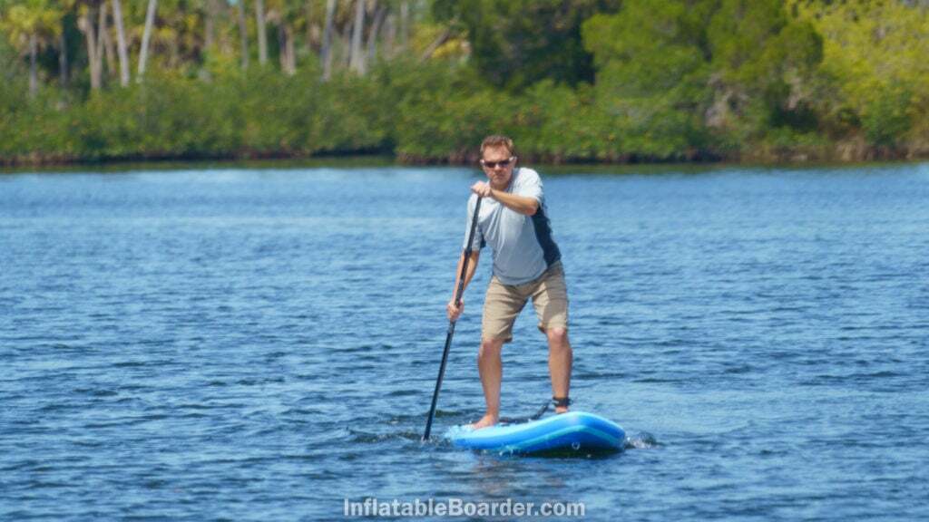 Paddling the 10'6" straight ahead to demonstrate tracking ability.