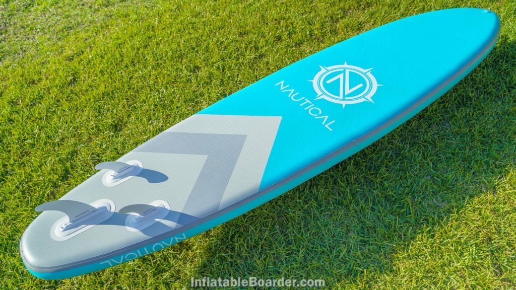 Overview of the bottom of the teal 11'6" board.