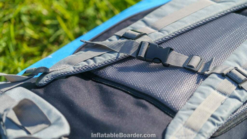 Detail of the mesh padded shoulder straps, mesh padded back cushion, and small chest strap.