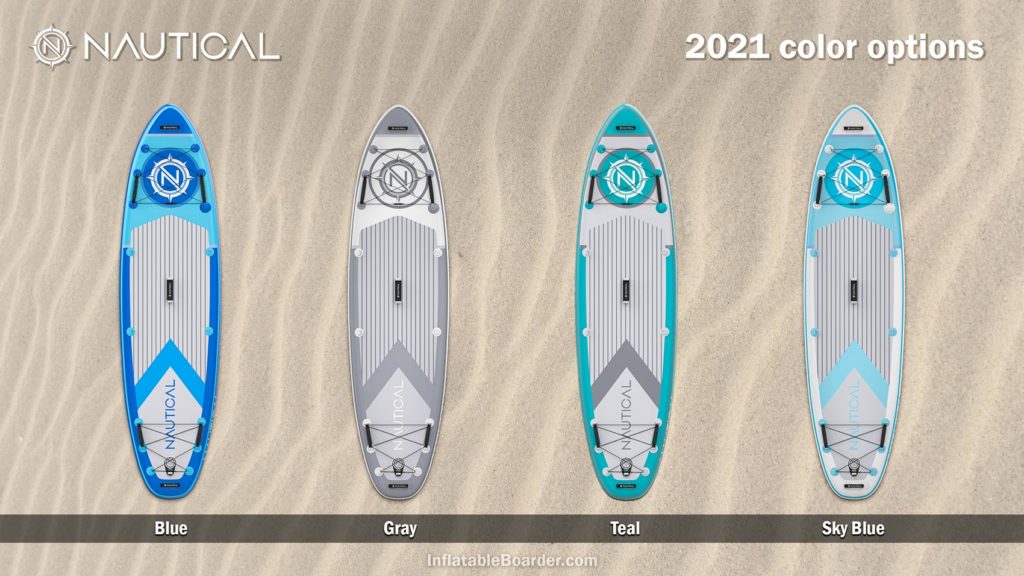2021 NAUTICAL paddle board color options compared - Includes blue, gray, teal, and sky blue.
