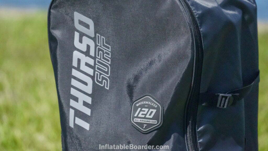 The front of the bag features the Thurso Surf logo and and a rubber Waterwalker 120 All-Around SUP badge.
