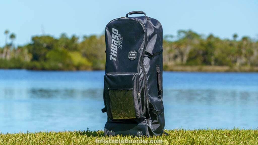 The Waterwalker 120 bag standing near a lake.