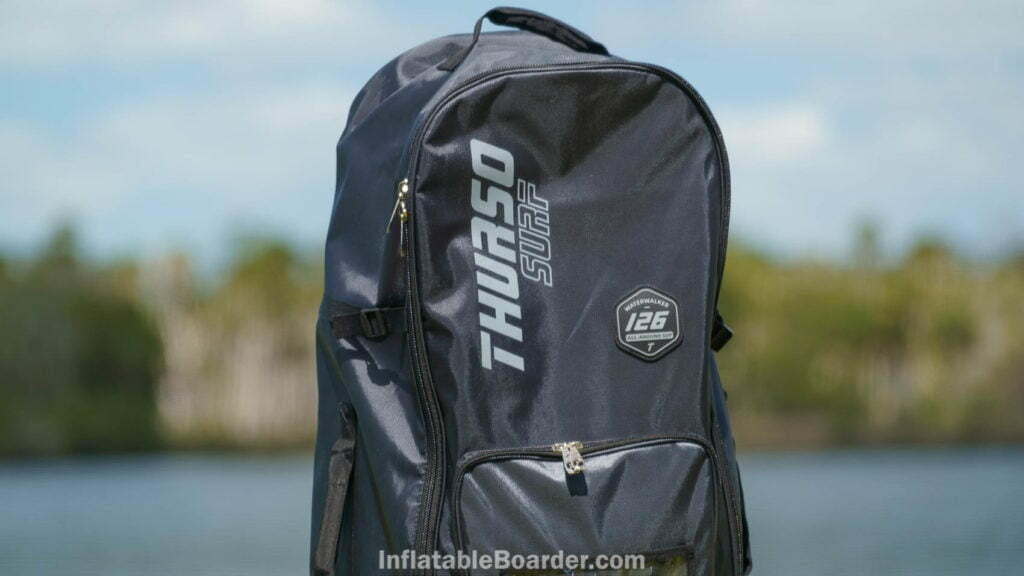 Top of the bag, featuring Thurso Surf logo and rubber Waterwalker 126 All-Around SUP badge.