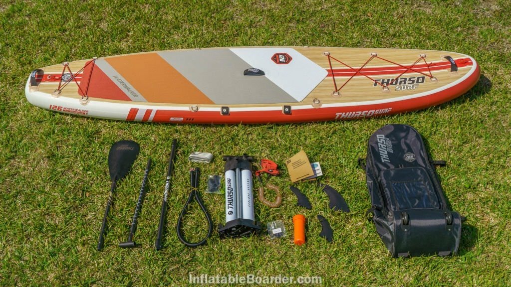 Waterwalker 126 accessories include carbon-hybrid paddle, premium pump, SUP leash, 3 fins, a repair kit, bag, and compression strap.
