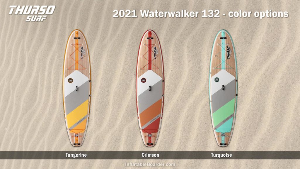 Waterwalker 132 paddle board color options, includes Tangerine, Crimson, and Turquoise.