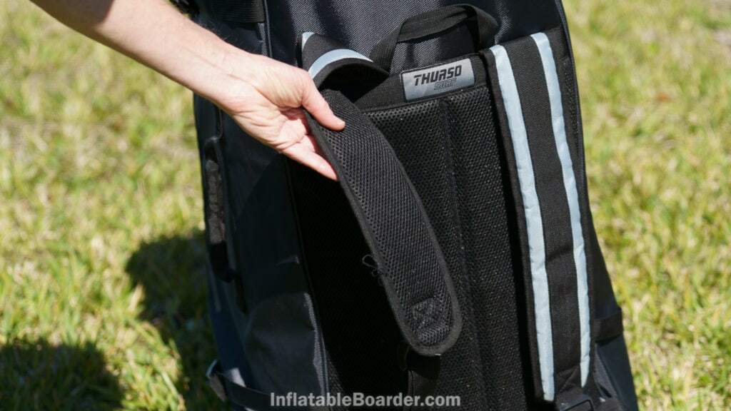 The straps and back of the bag have somewhat thin padding and are mesh to minimize sweat buildup.
