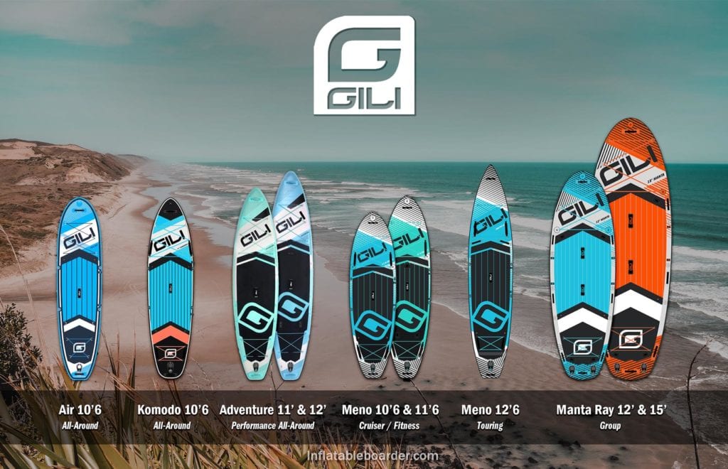 GILI Sports inflatable paddle boards compared. Includes Air, Komodo, Adventure 11' & 12', Meno 10'6 & 11'6, Meno 12'6 Touring, and Manta Ray 12 & 15'..