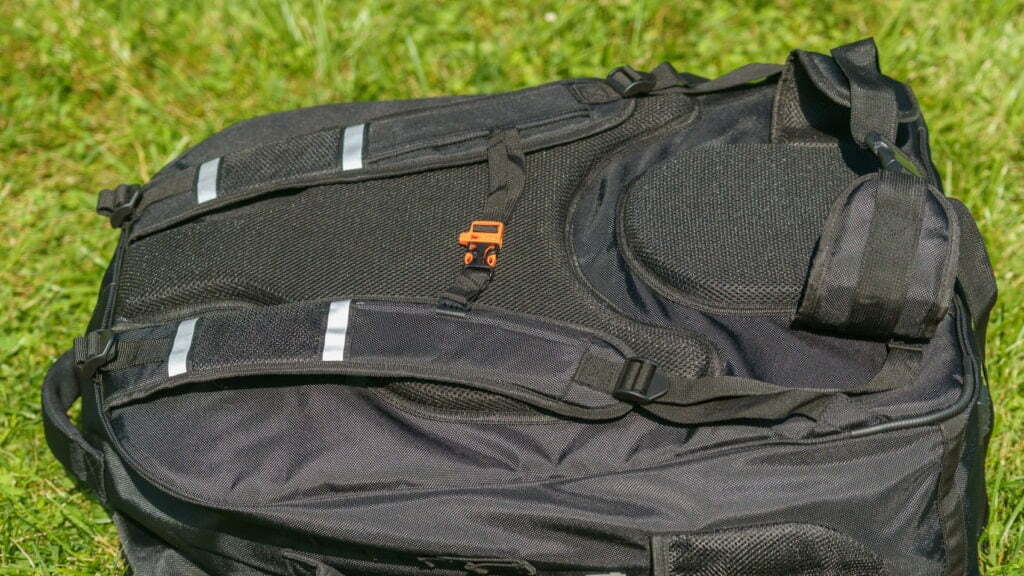 The rear of the bag has well padded shoulder straps, back padding, and waist strap, all of which are breathable mesh.