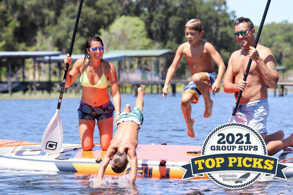 2021's Best Group SUPS - Top Picks. Include two people on a large GILI board on a lake.