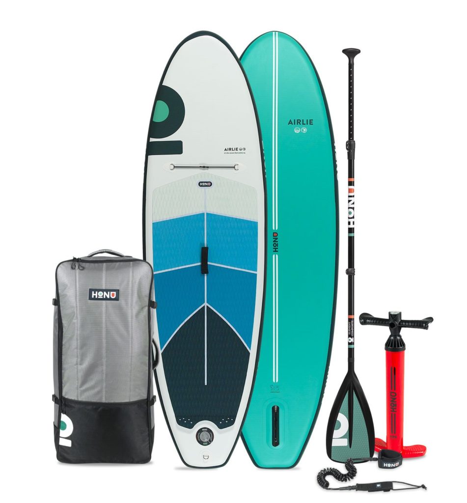 2021 HONU Airlie paddle board accessories package includes a single chamber pump, SUP bag, coiled leash, single fin, and repair kit.