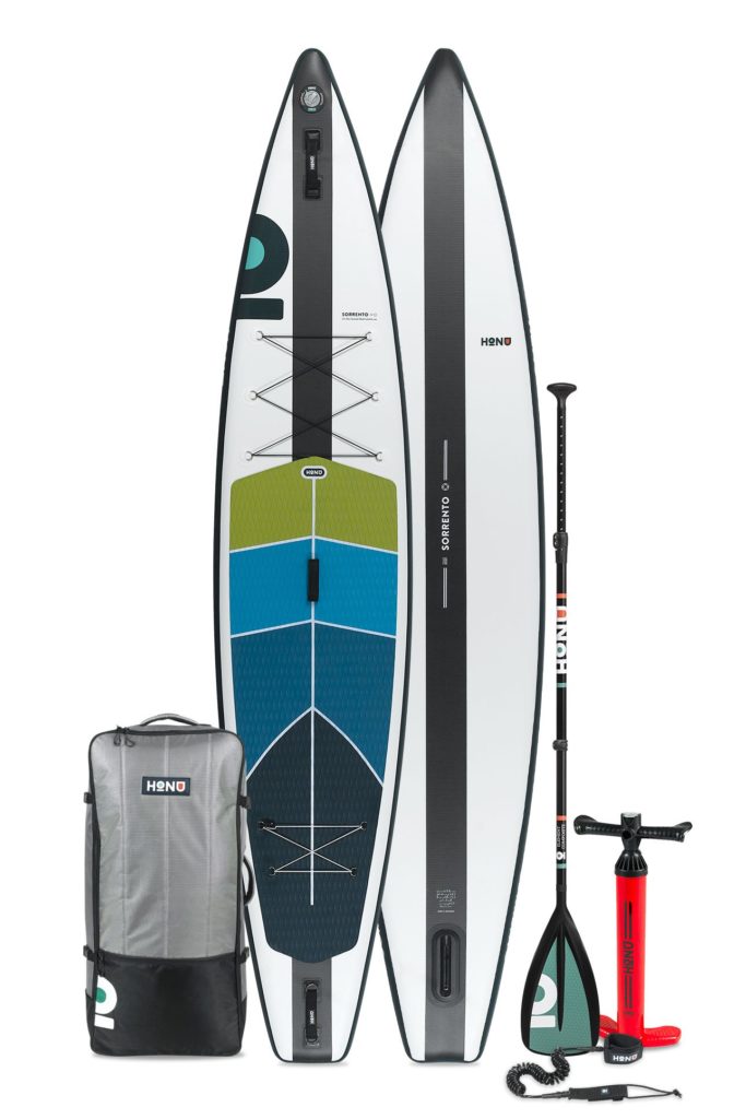 2021 HONU Sorrento paddle board accessories package includes a single chamber pump, SUP bag, coiled leash, single fin, and repair kit.