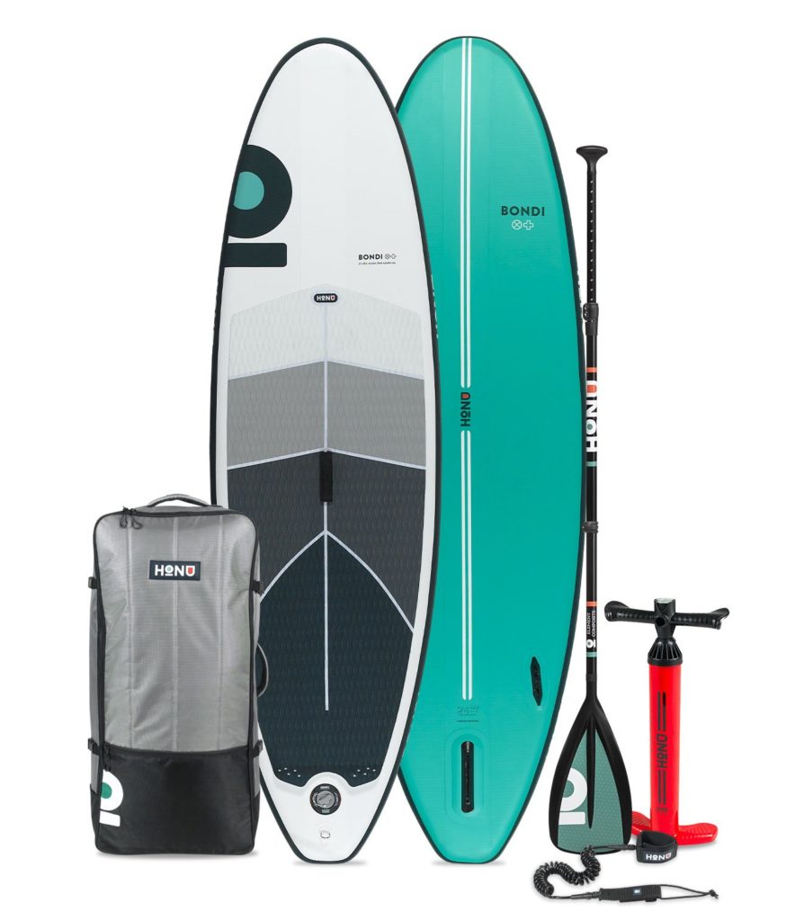 2021 HONU Bondi paddle board accessories package includes a single chamber pump, SUP bag, coiled leash, single fin, and repair kit.