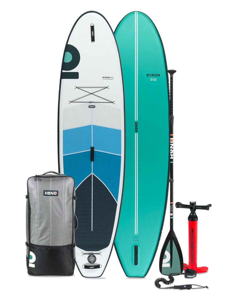 2021 HONU Byron paddle board accessories package includes a single chamber pump, SUP bag, coiled leash, single fin, and repair kit.